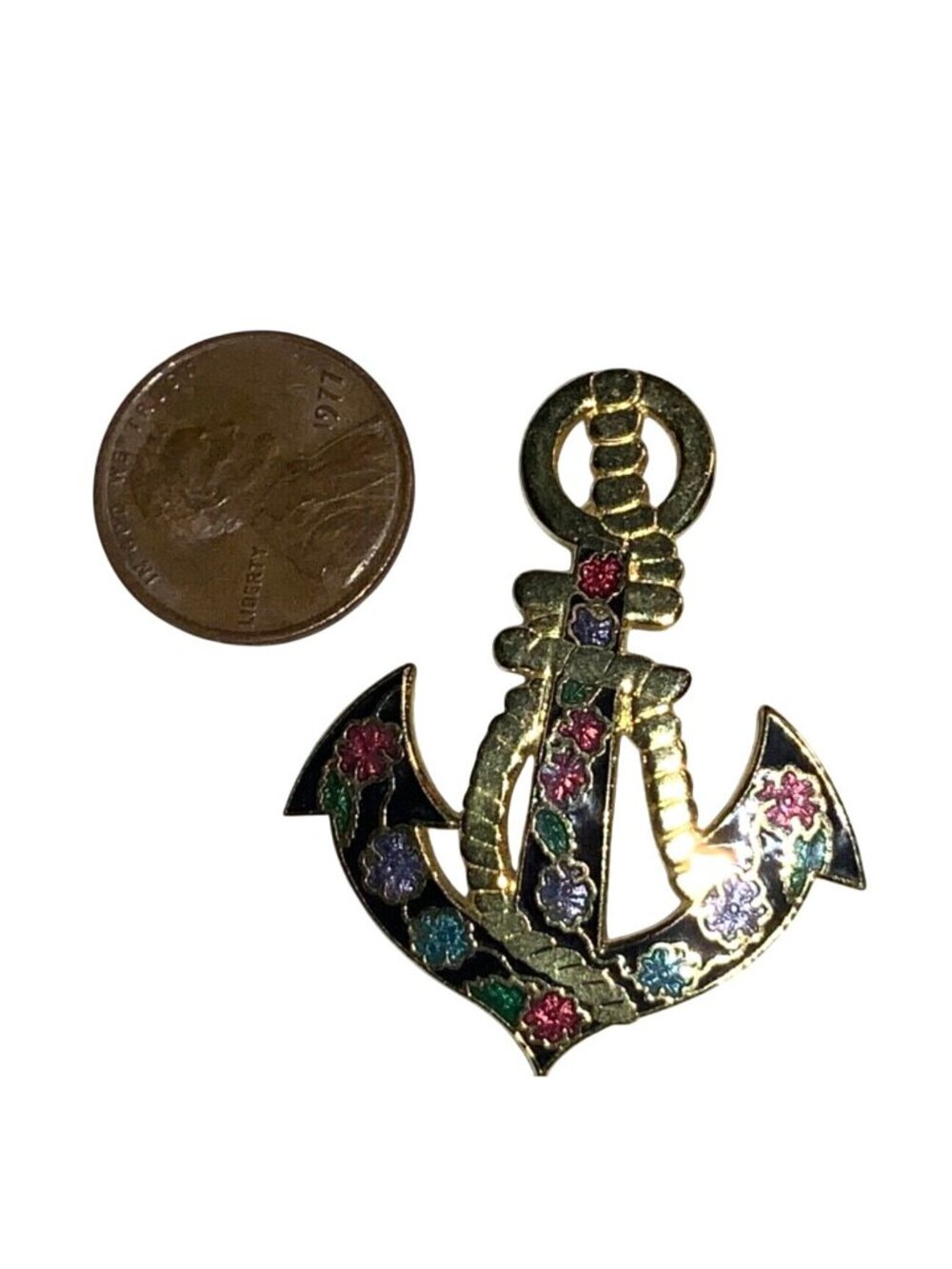 Anchor Enamel Cloisonné Pin Brooch Floral Design Gold Tone Nautical Accessory - Picture 9 of 12